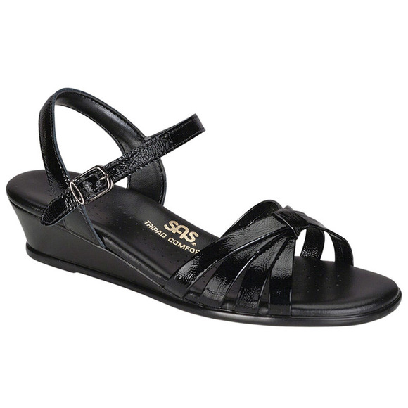 SAS Strippy Black Leather Quarter Strap Wedge Sandal Womens 6N - Picture 2 of 10